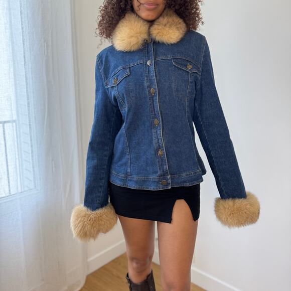 Vintage Italian Denim Jacket with Faux-Fur Collar & Cuffs (S) - Picture 1 of 12